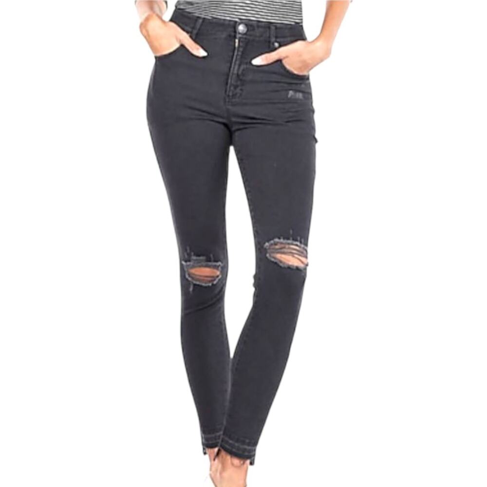 Express Jeans Womens Gray Denim Mid Rise Ankle Legging Distressed Raw Hem Sz 6